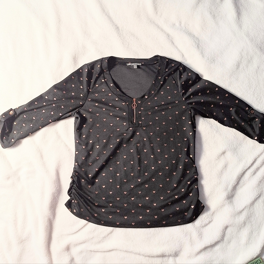 Daisy Fuentes Women’s Top Size L Black Pink Heart Print Zip Front - 3/4 Sleeve